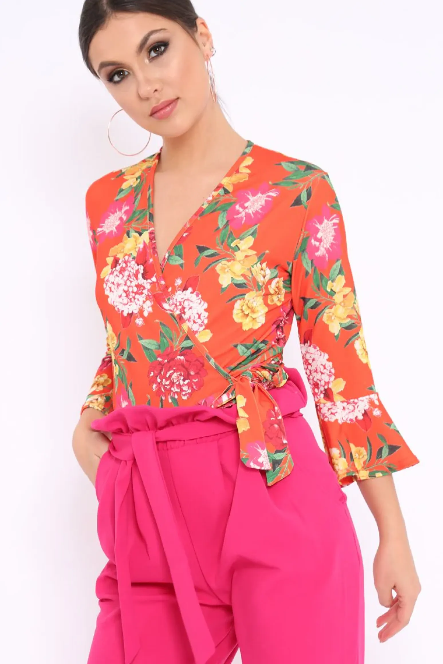 Rebellious Fashion Orange Floral Wrap Side Tie Bodysuit - Lincy