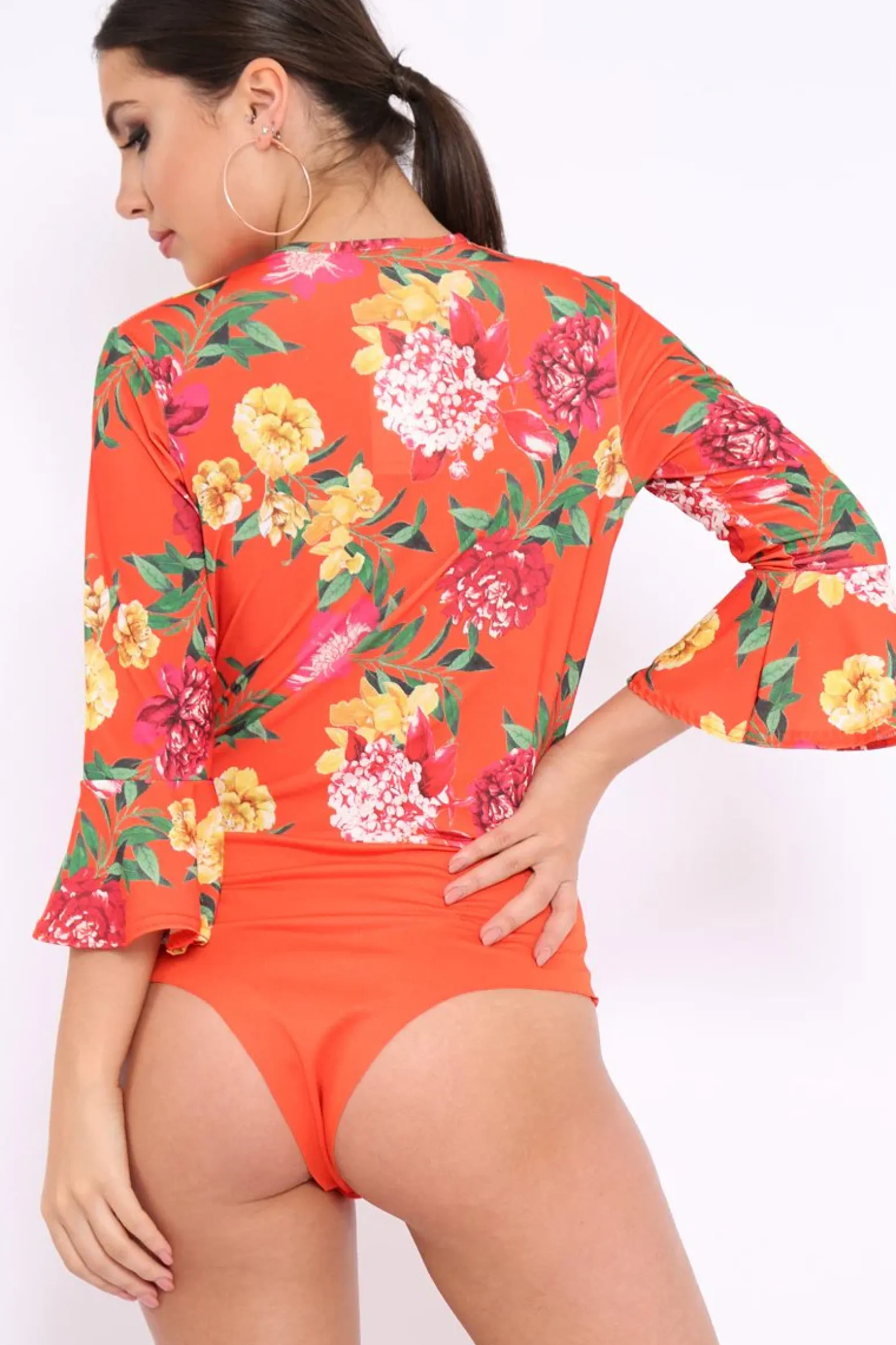 Rebellious Fashion Orange Floral Wrap Side Tie Bodysuit - Lincy