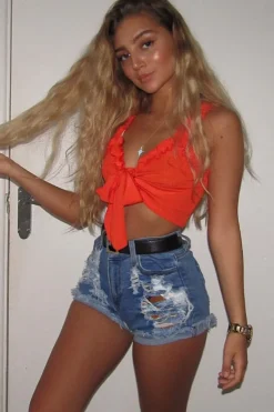 Rebellious Fashion Orange Frill Tie Front Crop Top - Adali
