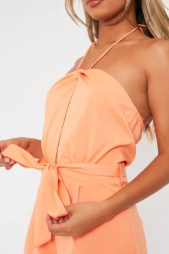 Rebellious Fashion Orange Front Cut Out Halter Neck Playsuit - Breyah