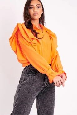 Rebellious Fashion Orange Full Length Ruffle Sleeve Shirt - Keisha
