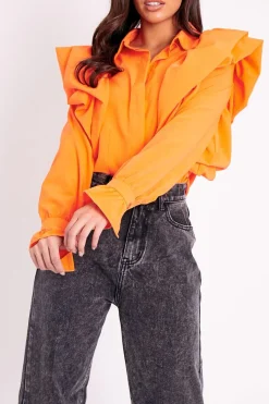 Rebellious Fashion Orange Full Length Ruffle Sleeve Shirt - Keisha