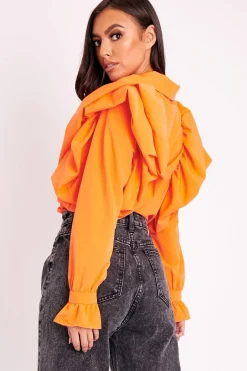 Rebellious Fashion Orange Full Length Ruffle Sleeve Shirt - Keisha