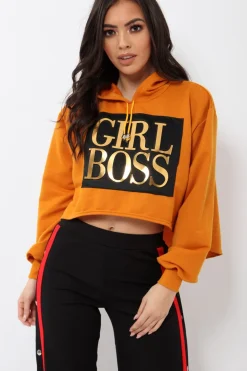 Rebellious Fashion Orange Girl Boss Cropped Hoodie - Kelsy