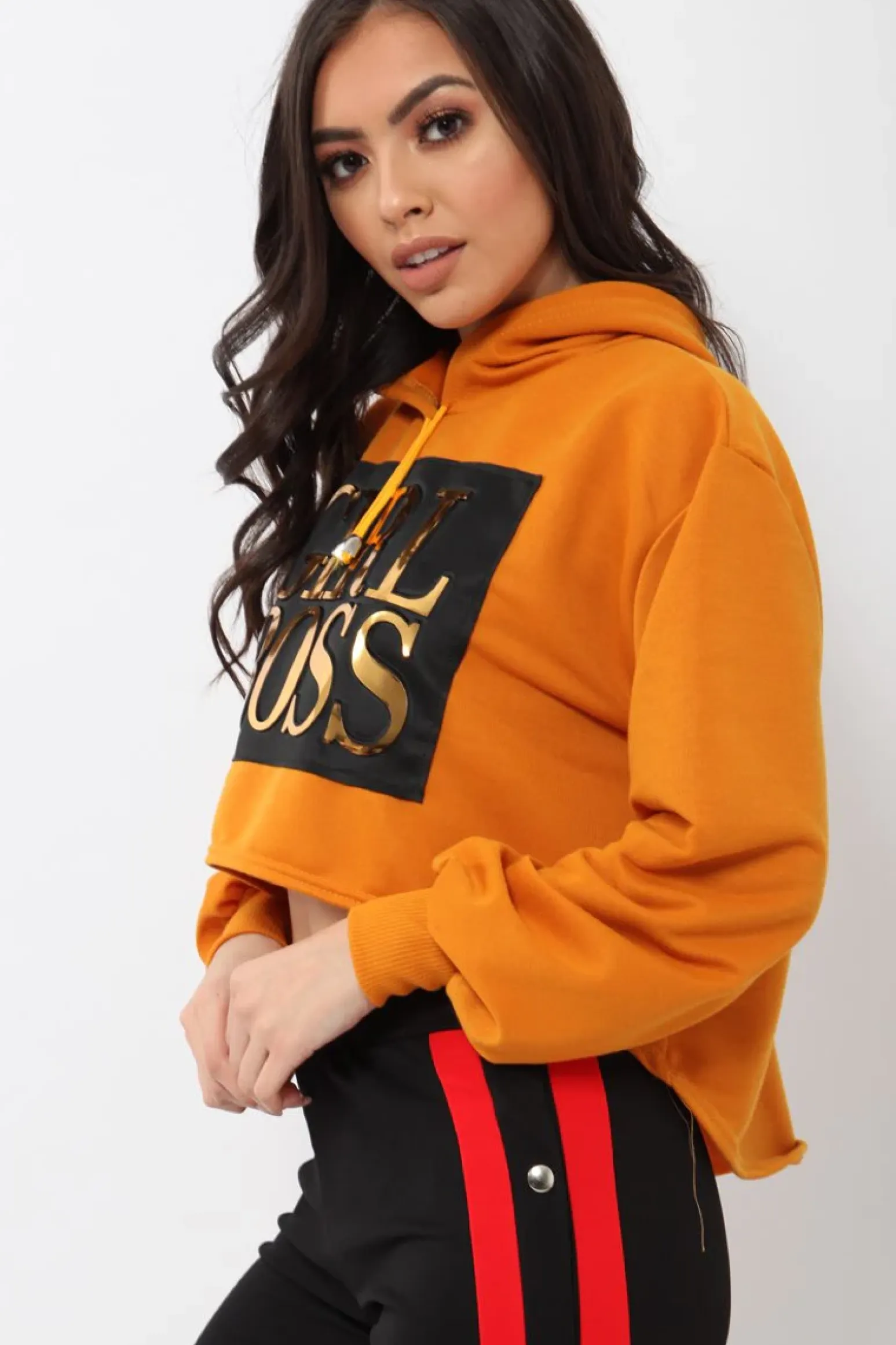 Rebellious Fashion Orange Girl Boss Cropped Hoodie - Kelsy