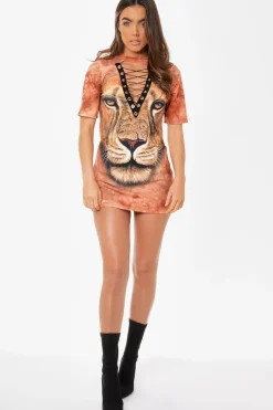 Rebellious Fashion Orange Graphic Print Lace Up T-shirt Dress - Brody