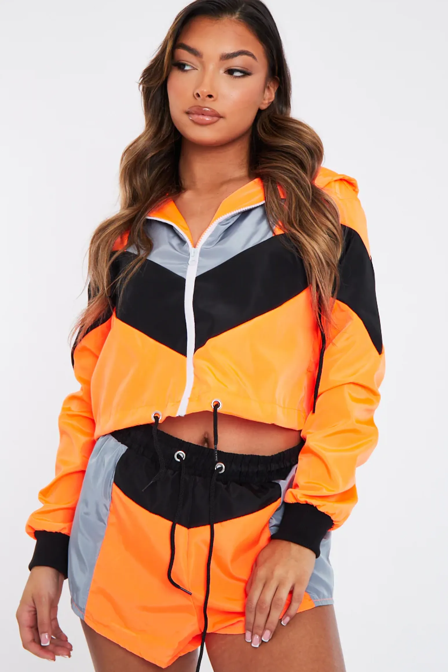 Rebellious Fashion Orange Grey Shell Hooded Jacket & Shorts Set - Jettie