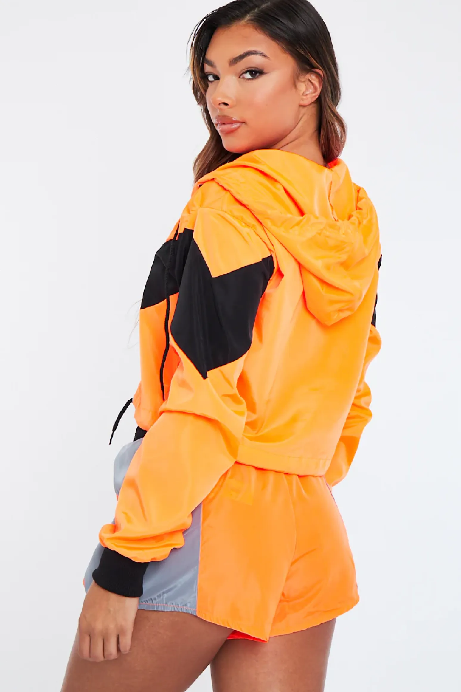 Rebellious Fashion Orange Grey Shell Hooded Jacket & Shorts Set - Jettie