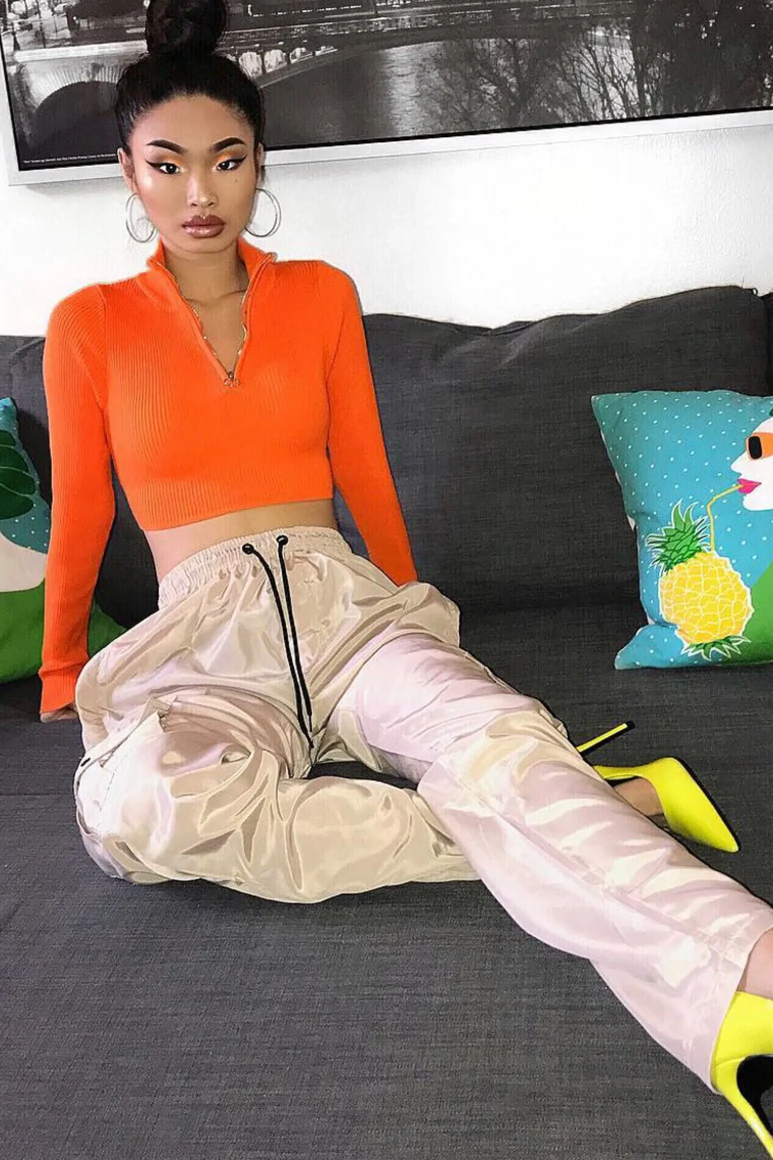 Rebellious Fashion Orange Half Zip Rib Crop Jumper - Elisea