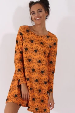 Rebellious Fashion Orange Halloween Spider Swing Dress - Charlotte