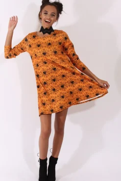 Rebellious Fashion Orange Halloween Spider Swing Dress - Charlotte