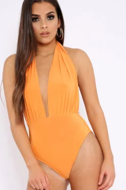 Rebellious Fashion Orange Halterneck Slinky Bodysuit -Isla