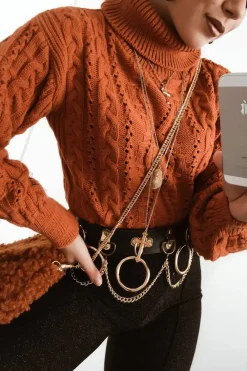 Rebellious Fashion Orange High Neck Cropped Cable Knit Jumper - Sandria