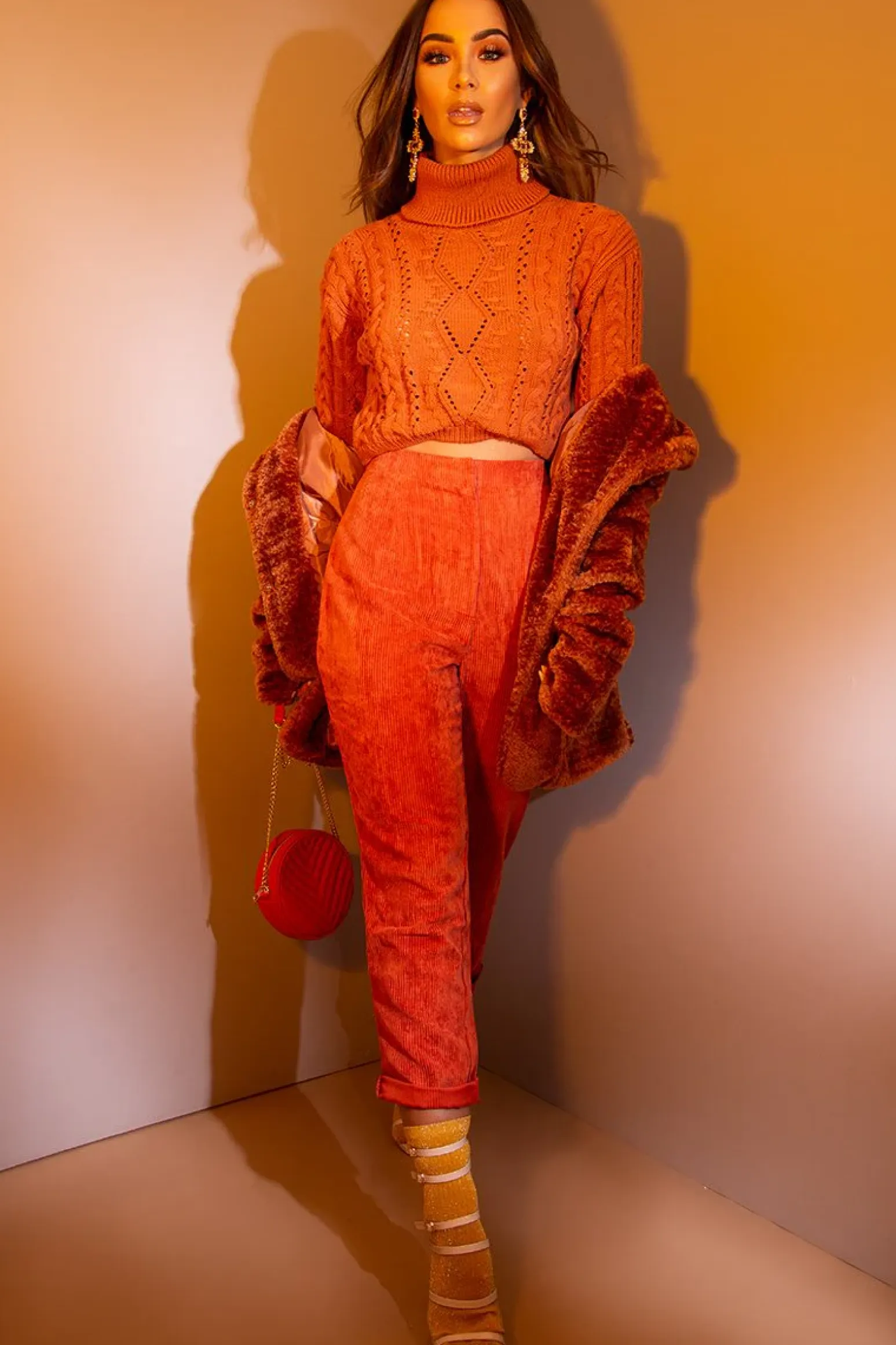 Rebellious Fashion Orange High Neck Cropped Cable Knit Jumper - Sandria