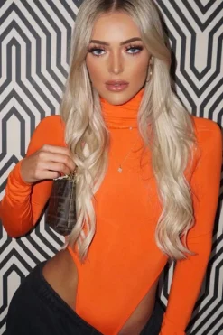 Rebellious Fashion Orange High Neck Long Sleeve High Leg Bodysuit - Shyona