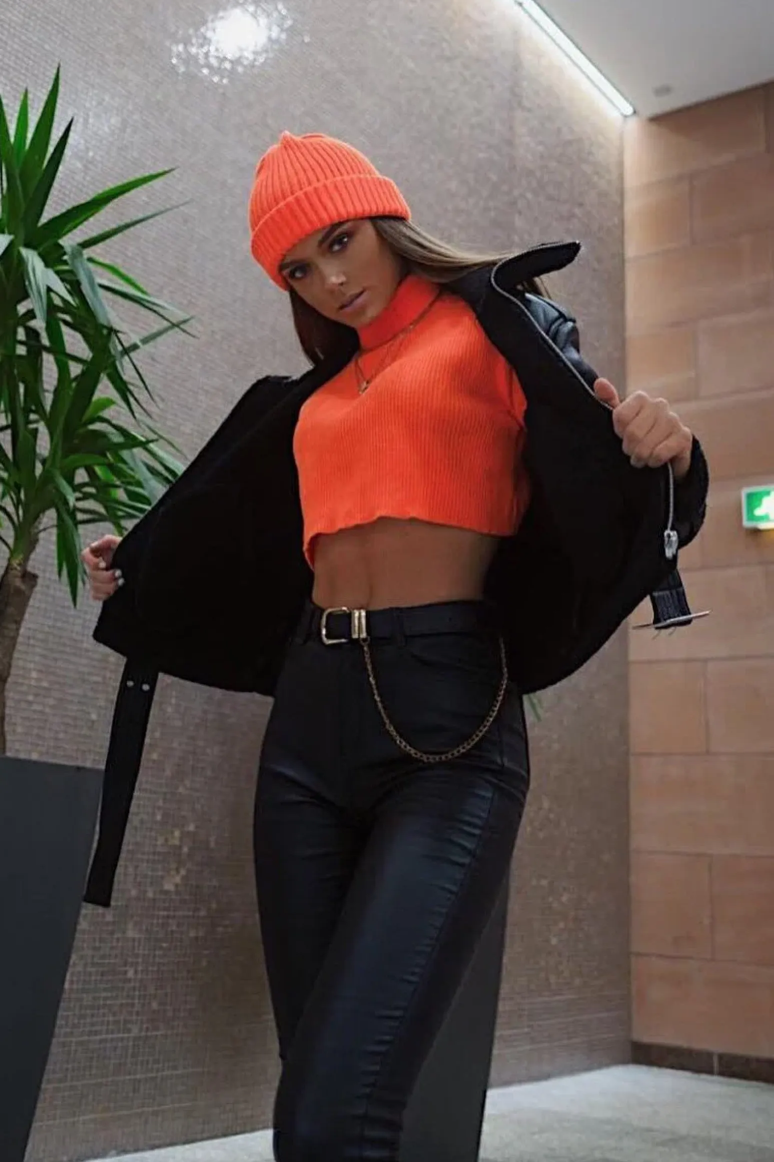 Rebellious Fashion Orange High Neck Rib Knit Crop Jumper - Emogene