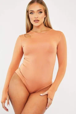 Rebellious Fashion Orange Keyhole Cut Out Slinky Bodysuit - Elidia