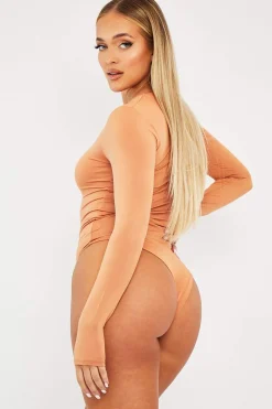 Rebellious Fashion Orange Keyhole Cut Out Slinky Bodysuit - Elidia
