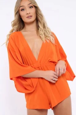 Rebellious Fashion Orange Kimono Plunge Playsuit - Alisa