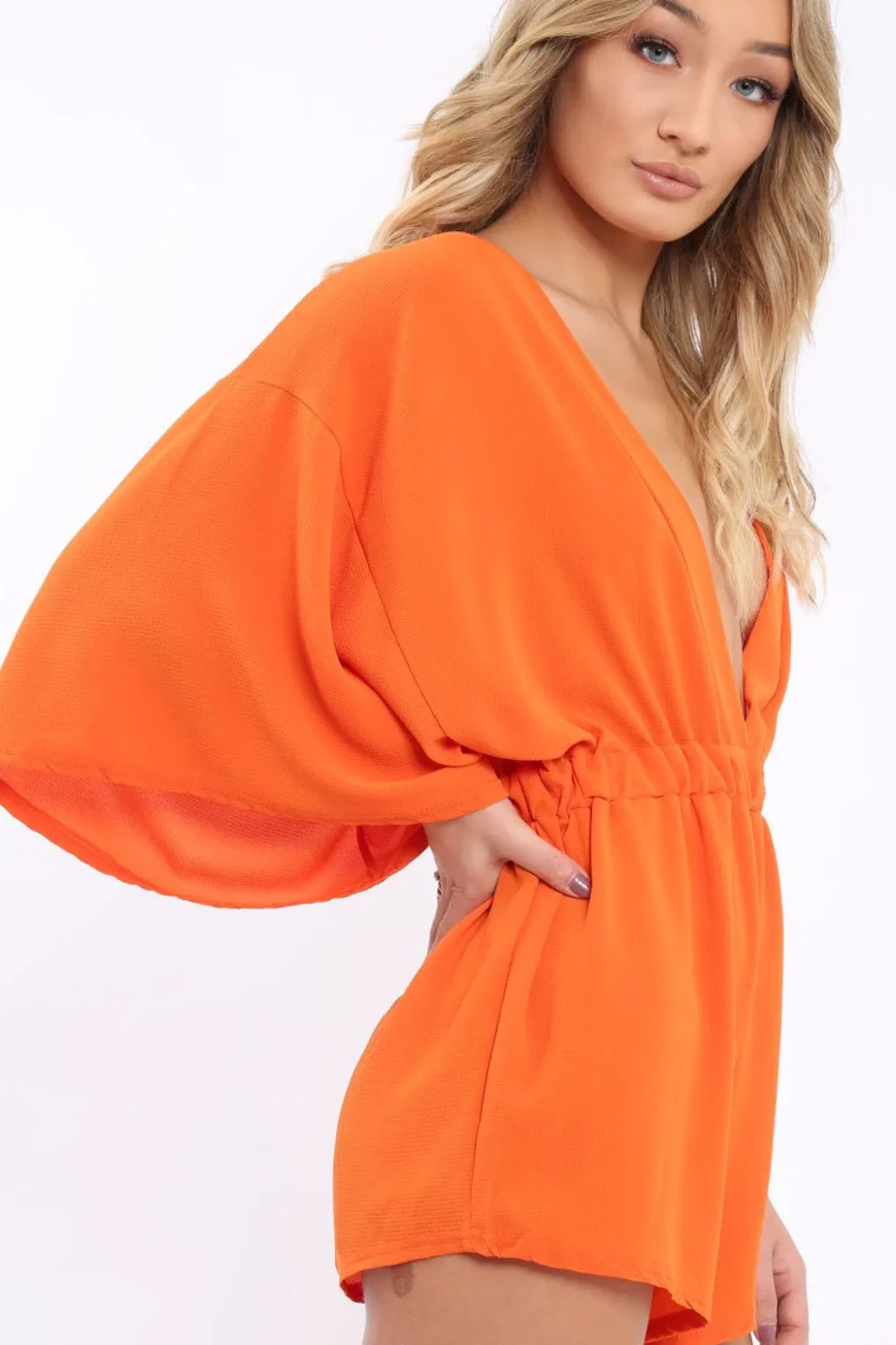 Rebellious Fashion Orange Kimono Plunge Playsuit - Alisa
