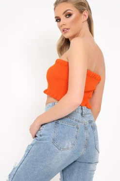 Rebellious Fashion Orange Knit Ribbed Bandeau Top - Daylee