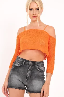 Rebellious Fashion Orange Knitted Bardot Crop Top - Inari
