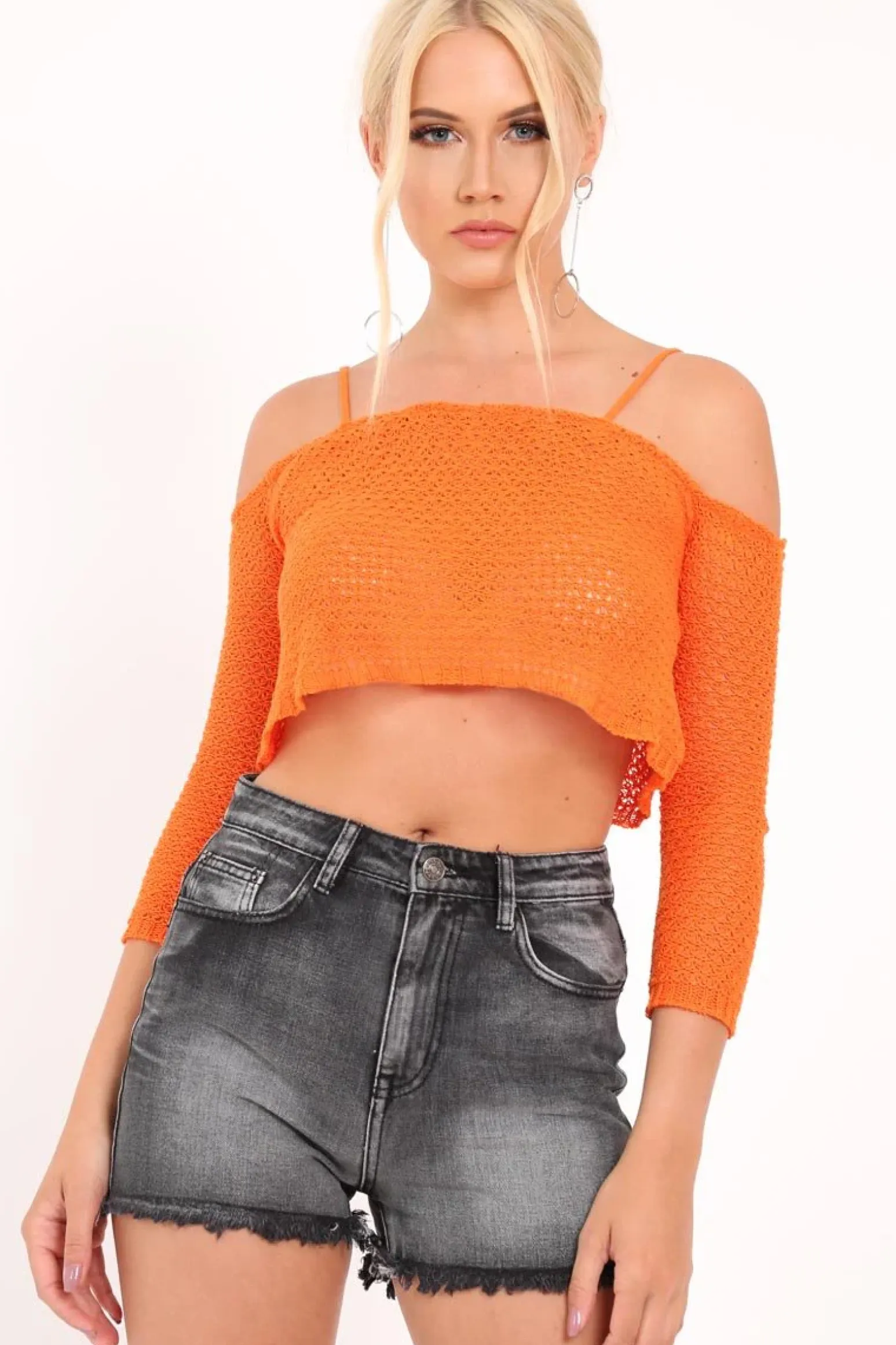 Rebellious Fashion Orange Knitted Bardot Crop Top - Inari