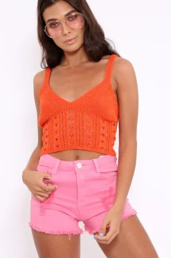 Rebellious Fashion Orange Knitted Cross Back Crop Top - Charis