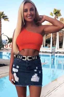 Rebellious Fashion Orange Knitted One Shoulder Crop Top - Golde