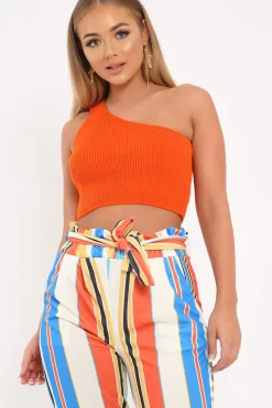 Rebellious Fashion Orange Knitted One Shoulder Crop Top - Golde