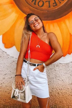 Rebellious Fashion Orange Knitted One Shoulder Crop Top - Golde