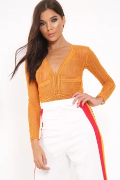 Rebellious Fashion Orange Lace Long Sleeve Open Back Bodysuit - Temari