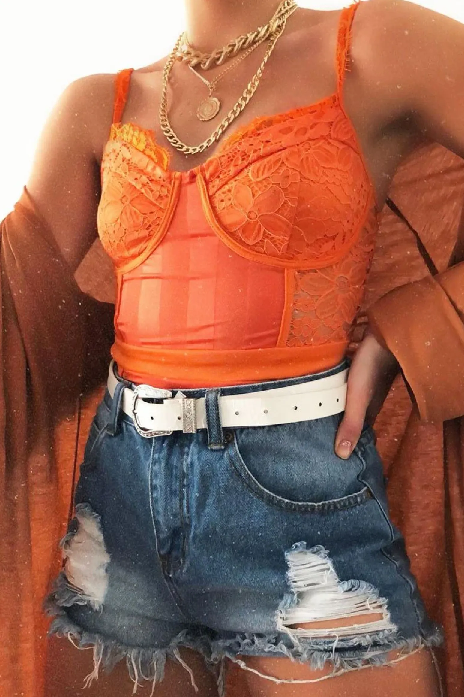 Rebellious Fashion Orange Lace Mesh Stripe Cup Detail Bodysuit - India