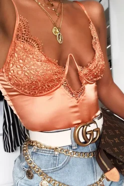 Rebellious Fashion Orange Lace Underwired Cup Detail Bodysuit - Mariah