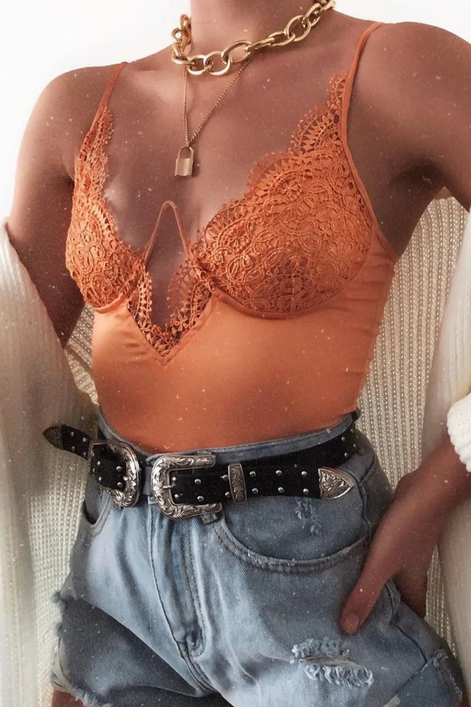 Rebellious Fashion Orange Lace Underwired Cup Detail Bodysuit - Mariah