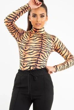 Rebellious Fashion Orange Long Sleeve Tiger Print Bodysuit - Reylee