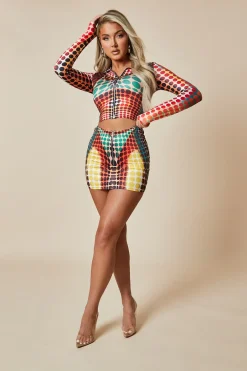 Rebellious Fashion Orange Multi Spot Print Crop Top & Mini Skirt Set - Kyomi