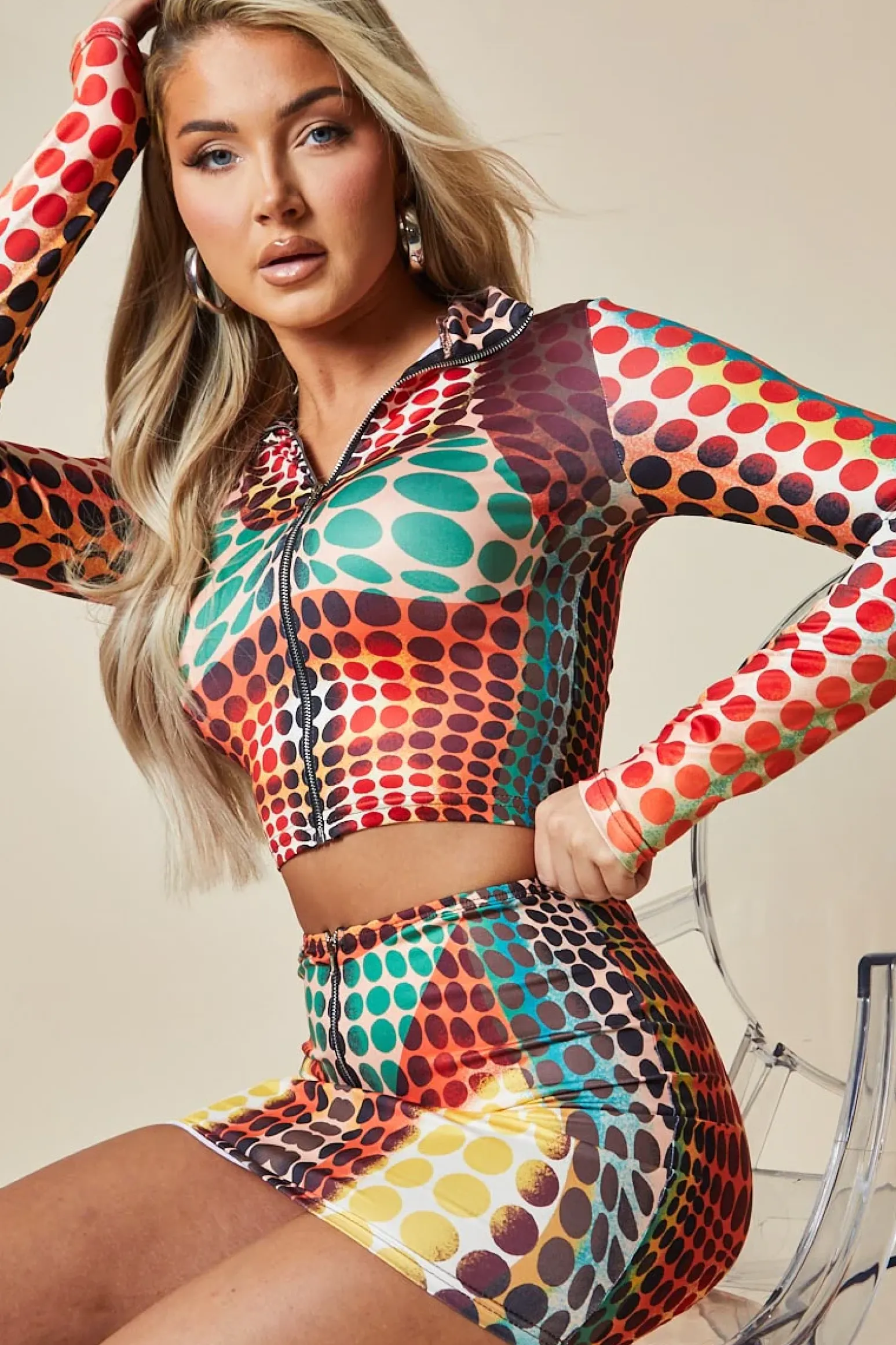 Rebellious Fashion Orange Multi Spot Print Crop Top & Mini Skirt Set - Kyomi