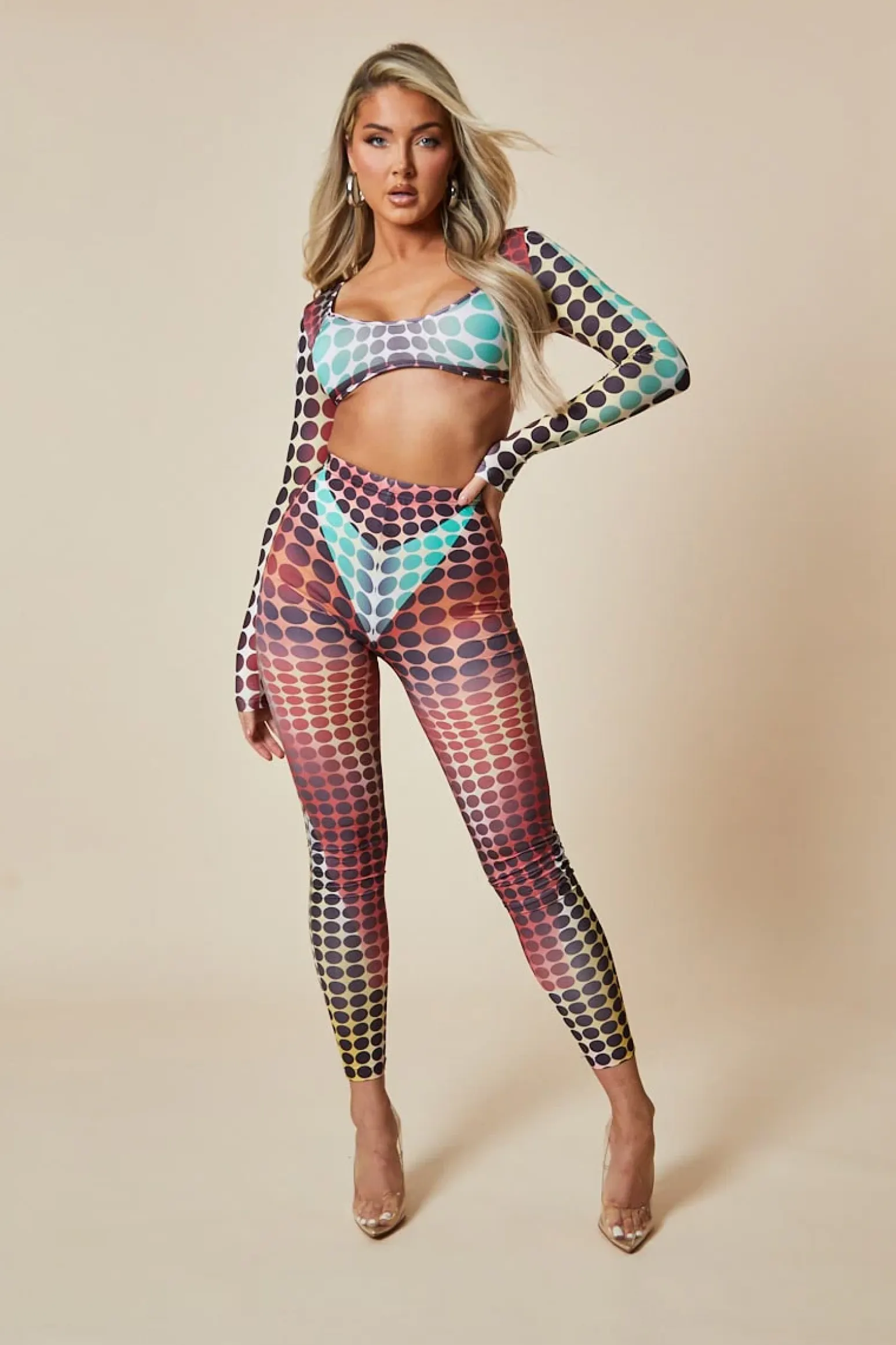 Rebellious Fashion Orange Multi Spot Print Crop Top & Leggings Set - Tori