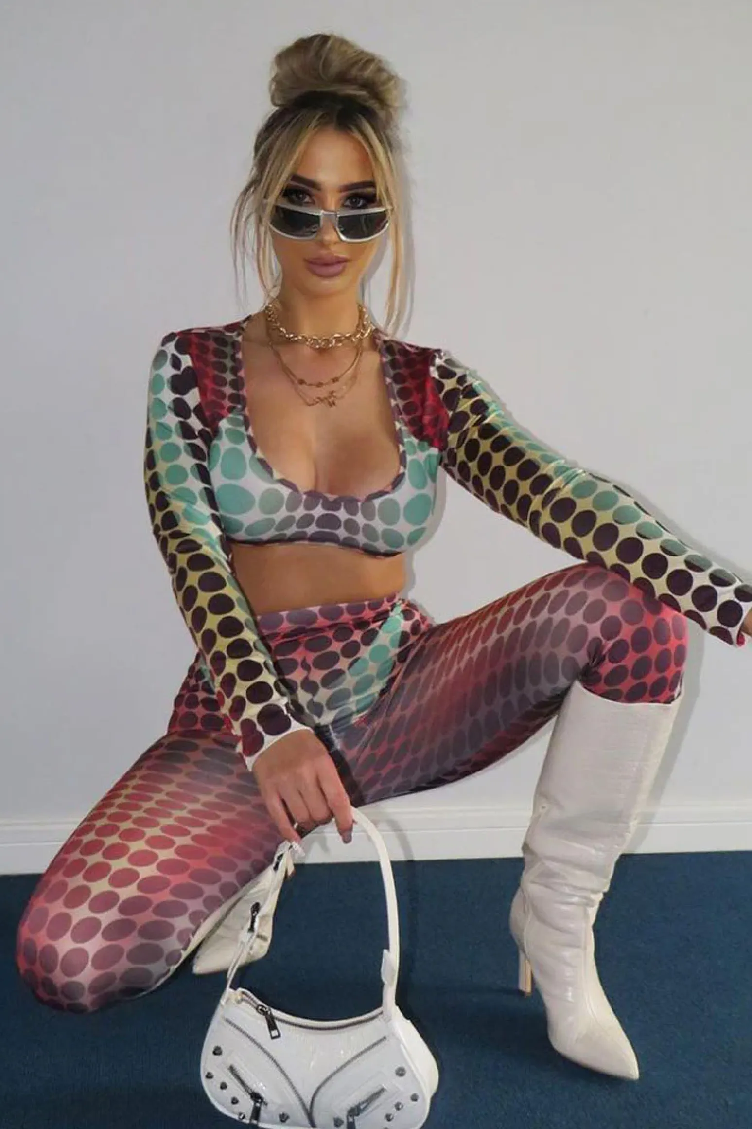 Rebellious Fashion Orange Multi Spot Print Crop Top & Leggings Set - Tori