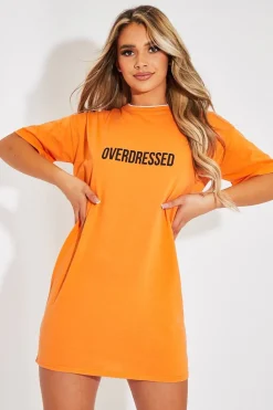 Rebellious Fashion Orange Overdressed Slogan T-shirt Dress - Malia