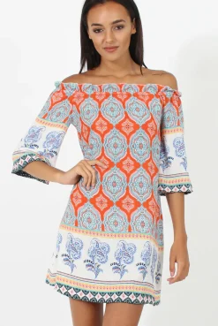 Rebellious Fashion Orange Paisley Print Bardot Frill Trim Dress - Tanya