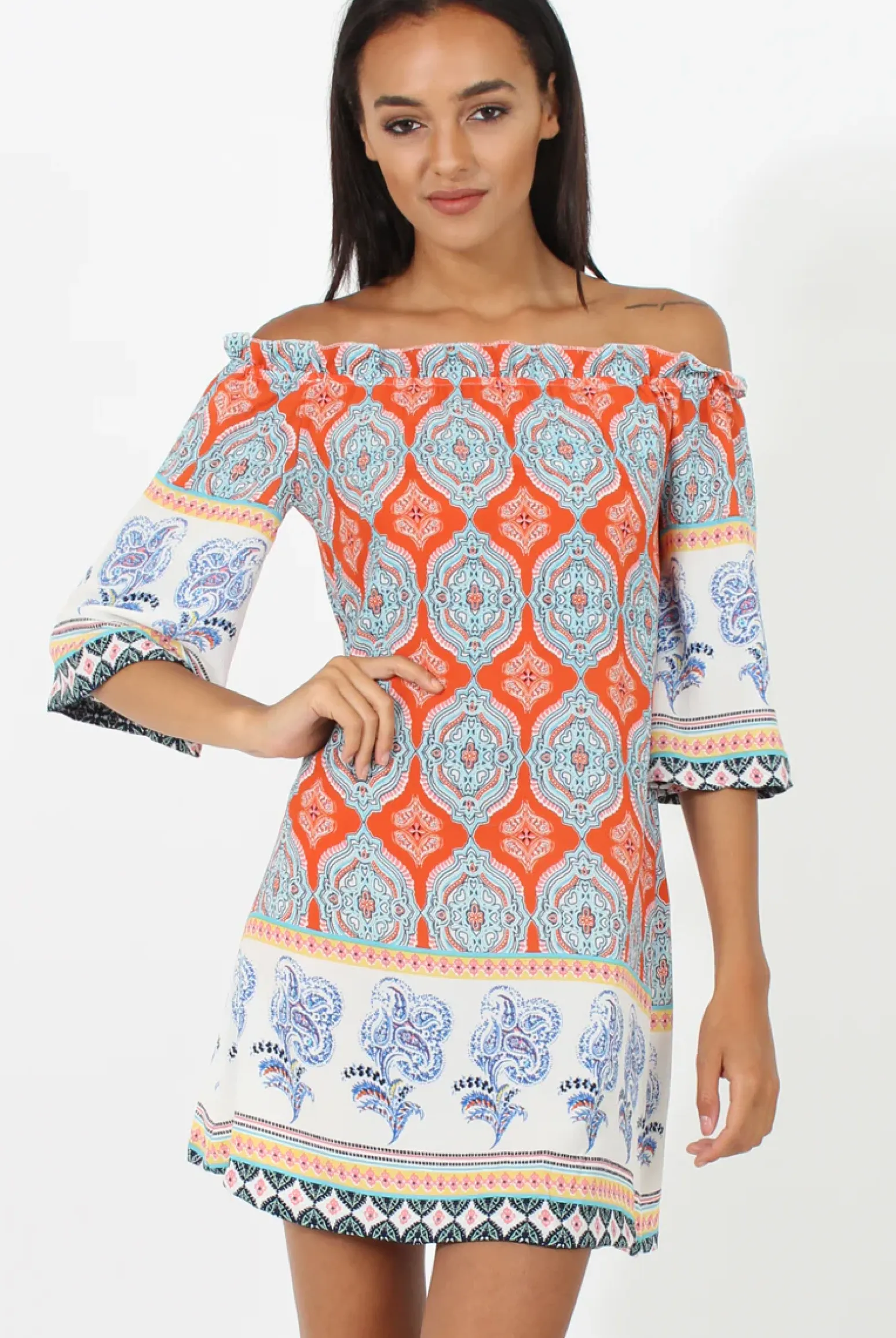 Rebellious Fashion Orange Paisley Print Bardot Frill Trim Dress - Tanya