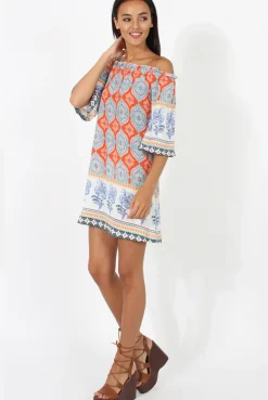 Rebellious Fashion Orange Paisley Print Bardot Frill Trim Dress - Tanya