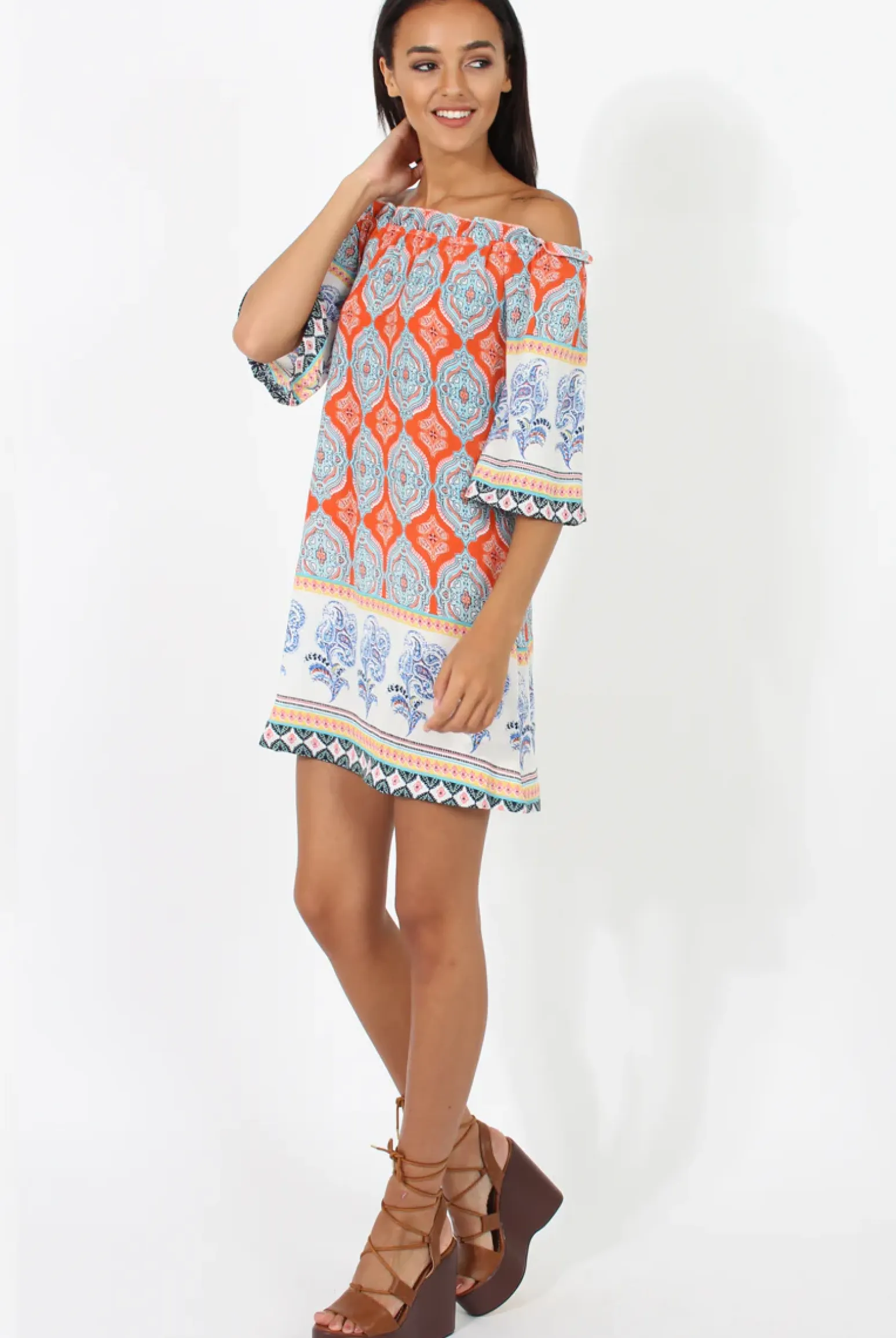 Rebellious Fashion Orange Paisley Print Bardot Frill Trim Dress - Tanya