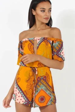 Rebellious Fashion Orange Paisley Print Cut out Detail Bardot Playsuit- Abby