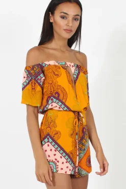 Rebellious Fashion Orange Paisley Print Cut out Detail Bardot Playsuit- Abby