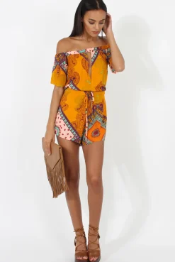 Rebellious Fashion Orange Paisley Print Cut out Detail Bardot Playsuit- Abby