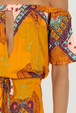 Rebellious Fashion Orange Paisley Print Cut out Detail Bardot Playsuit- Abby