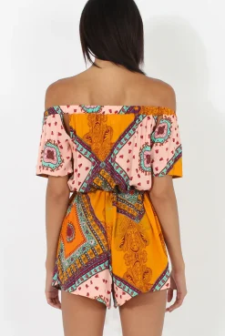 Rebellious Fashion Orange Paisley Print Cut out Detail Bardot Playsuit- Abby